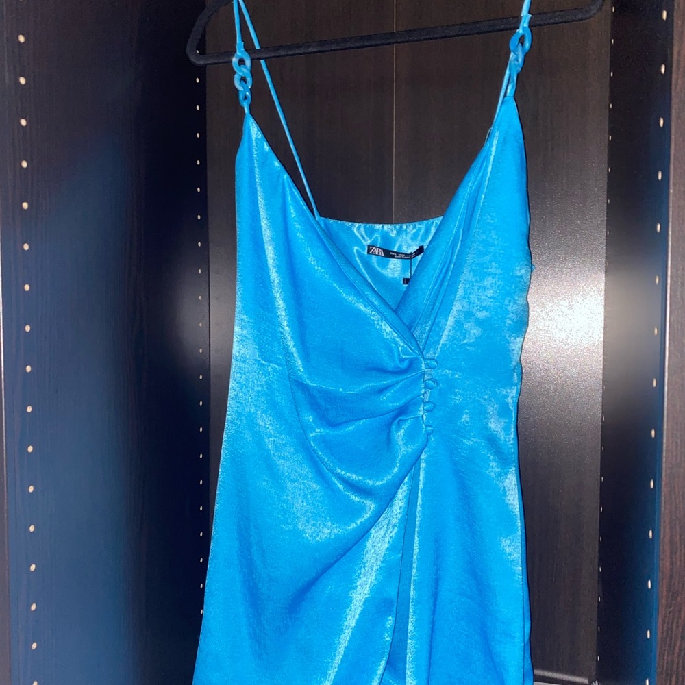 Electric blue satin wrap around mini dress